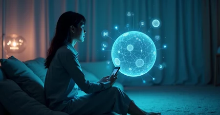 Usuário observa projeção holográfica de algoritmo ao redor em ambiente escuro tecnológico