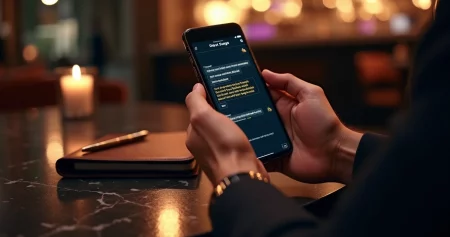 Mão segurando smartphone exibindo conversa elegante com mensagens em destaque