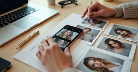 Mulher escolhe fotos elegantes para perfil sugar em smartphone sobre mesa organizada