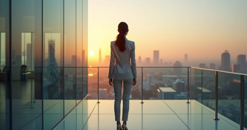 Mulher jovem elegante observa interseção de caminhos entre carreira e estilo de vida sugar