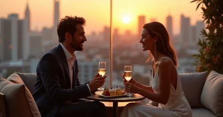 Casal elegante em primeiro encontro sugar em lounge moderno