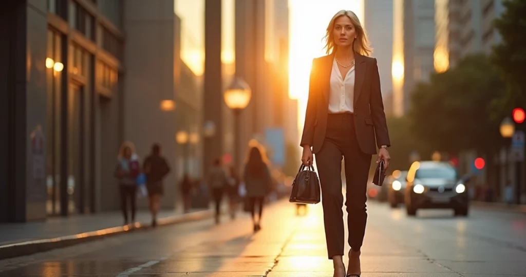 Sugar mommy brasileira elegante caminhando confiante em avenida urbana