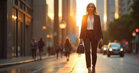 Sugar mommy brasileira elegante caminhando confiante em avenida urbana