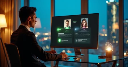 Pessoa elegante analisa perfil em tela grande com ícones de segurança ao redor
