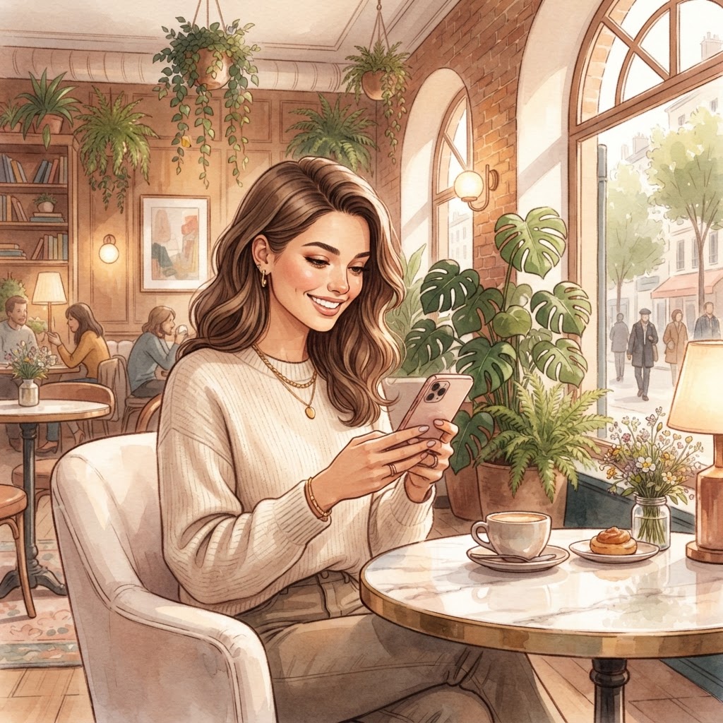 Mulher elegante escrevendo mensagem no celular em café