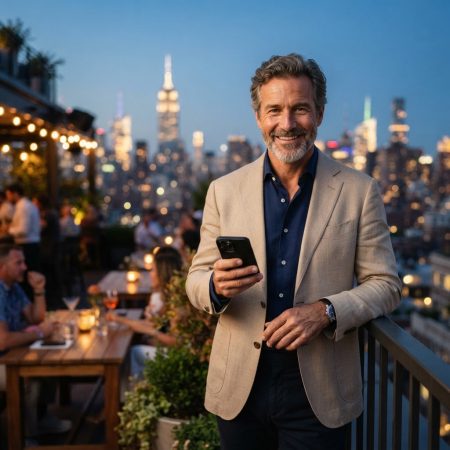 Como arrumar uma sugar baby: homem sorridente em rooftop ao entardecer