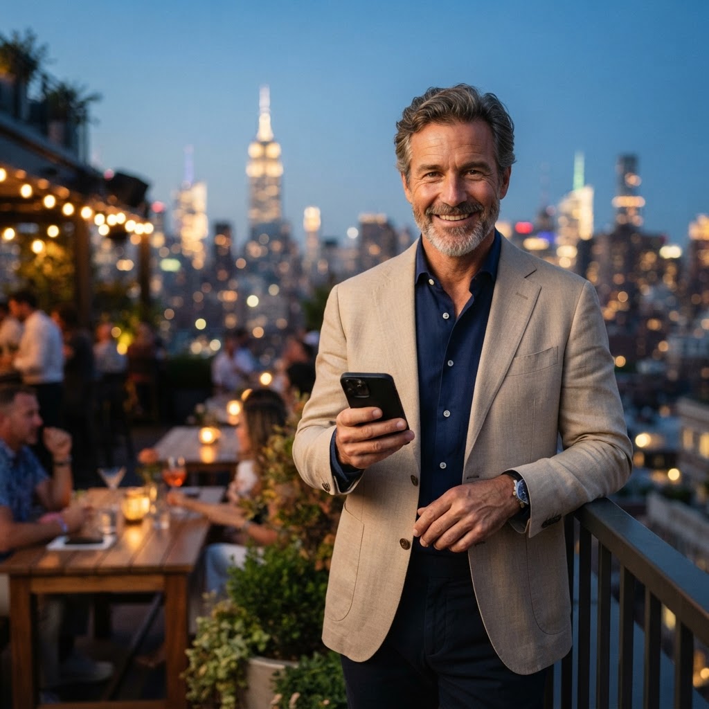 Como arrumar uma sugar baby: homem sorridente em rooftop ao entardecer